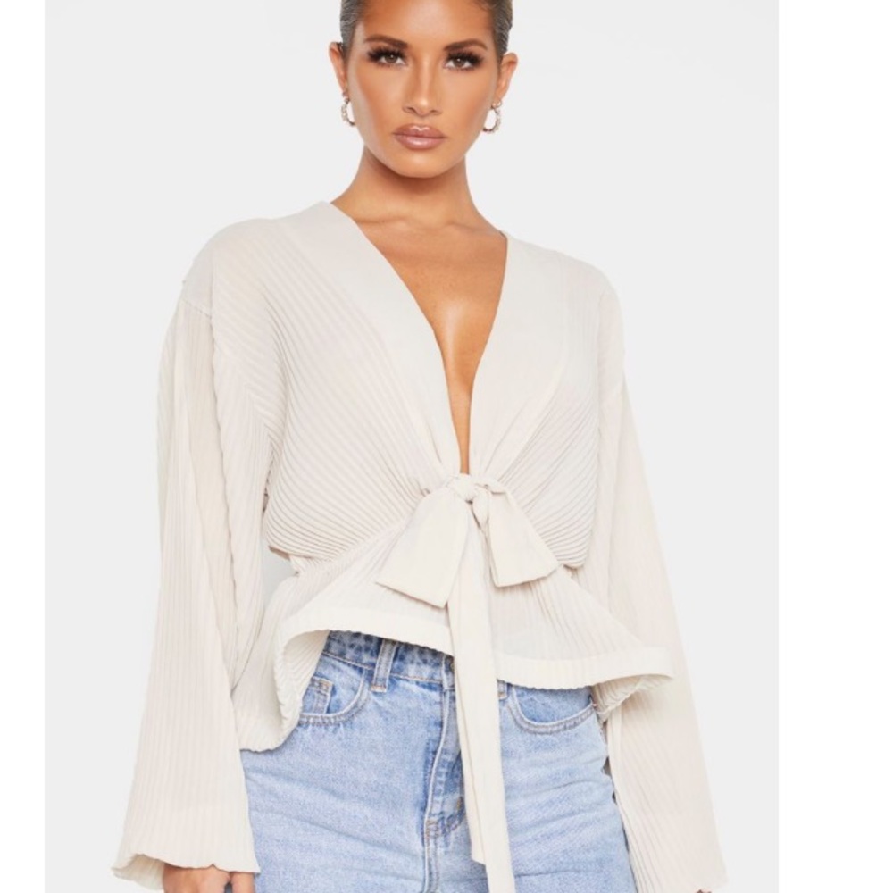 Nude Chiffon Pleated Flounced Hem Blouse
